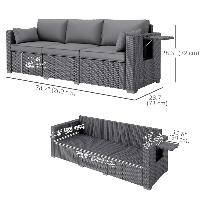 3 Seater Wicker Patio Sofa with Side Trays, Outdoor Couch with 6