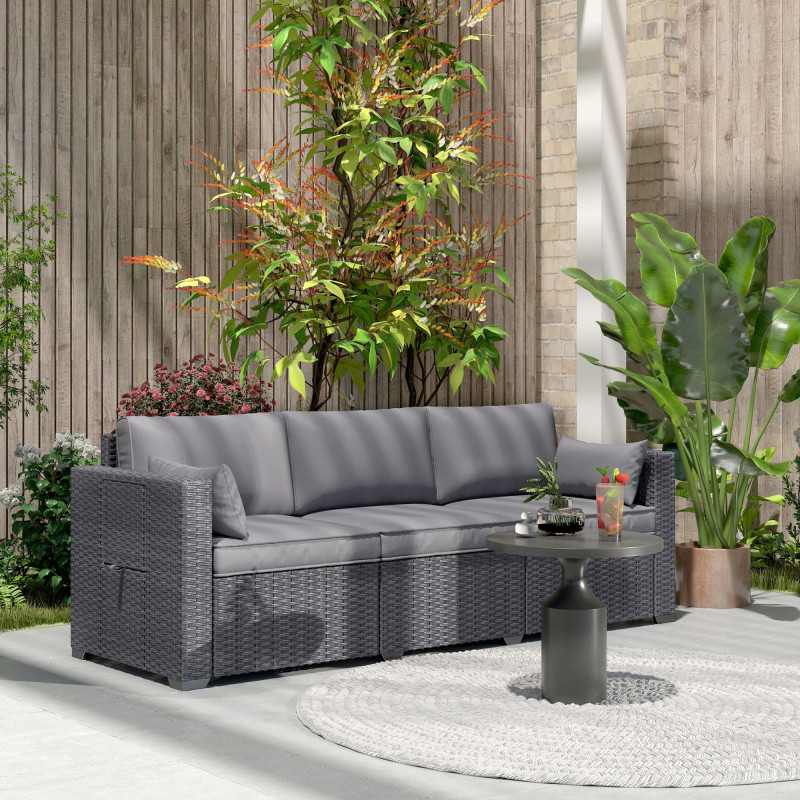 3 Seater Wicker Patio Sofa with Side Trays, Outdoor Couch with 6