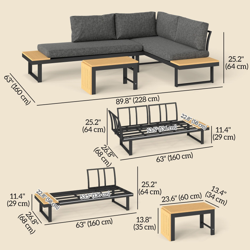 3 Pieces Aluminum Corner Patio Furniture Set Sectional Outdoor Sofa Set with 2 Loveseats Wood-Plastic Coffee Table Grey