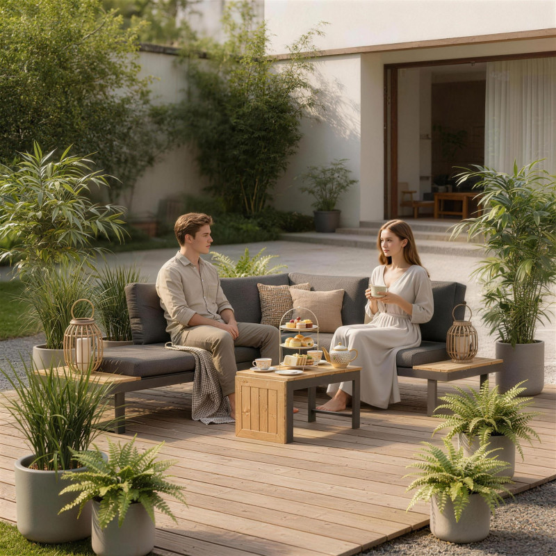 3 Pieces Aluminum Corner Patio Furniture Set Sectional Outdoor Sofa Set with 2 Loveseats Wood-Plastic Coffee Table Grey
