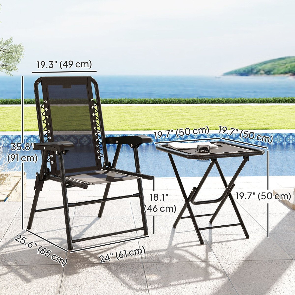 3 Pieces Patio Bistro Set, Outdoor Folding Table and Chairs Set, Metal Patio Furniture Set with Cup Holders