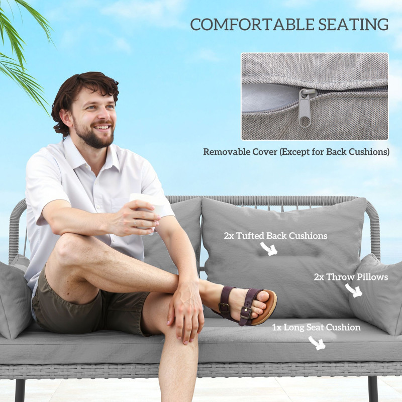 2 Pieces Wicker Patio Furniture Set, Small Patio Seat with Outdoor Loveseat, Glass Top Table and Cushions, Light Grey