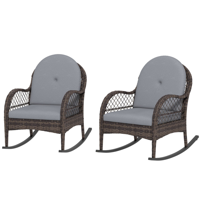 2 Pieces Wicker Rocking Patio Chairs, Indoor Outdoor Rocking Chair Set with Cushions and Armrests for Porch, Grey