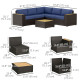 6 Pieces Outdoor Rattan Patio Furniture Set with Corner Sofa, Wood-Plastic Coffee Table, Navy Blue