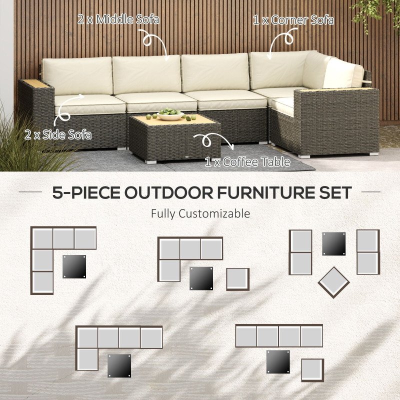 6 Pieces Outdoor Rattan Patio Furniture Set with Corner Sofa, Wood-Plastic Coffee Table, Light Khaki