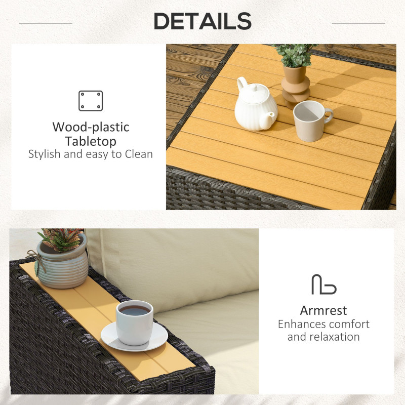 6 Pieces Outdoor Rattan Patio Furniture Set with Corner Sofa, Wood-Plastic Coffee Table, Light Khaki
