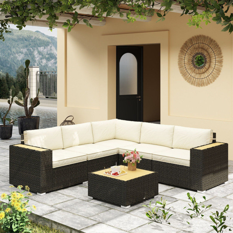 6 Pieces Outdoor Rattan Patio Furniture Set with Corner Sofa, Wood-Plastic Coffee Table, Light Khaki