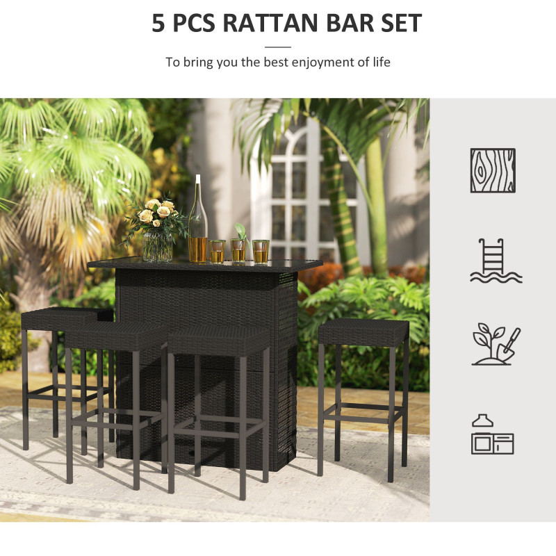 5 Pieces Patio Bar Set, Outdoor PE Rattan Wicker High Top Outdoor Table and Chairs Outdoor Bar Set with Tempered Glass Top Bar Table and Shelves, 4 Bar Chairs, Black