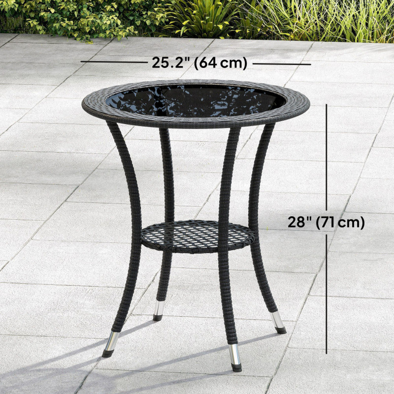 Outdoor Rattan Dining Table, Patio Wicker Round Coffee Table with 2-Tier Storage Shelf, Black