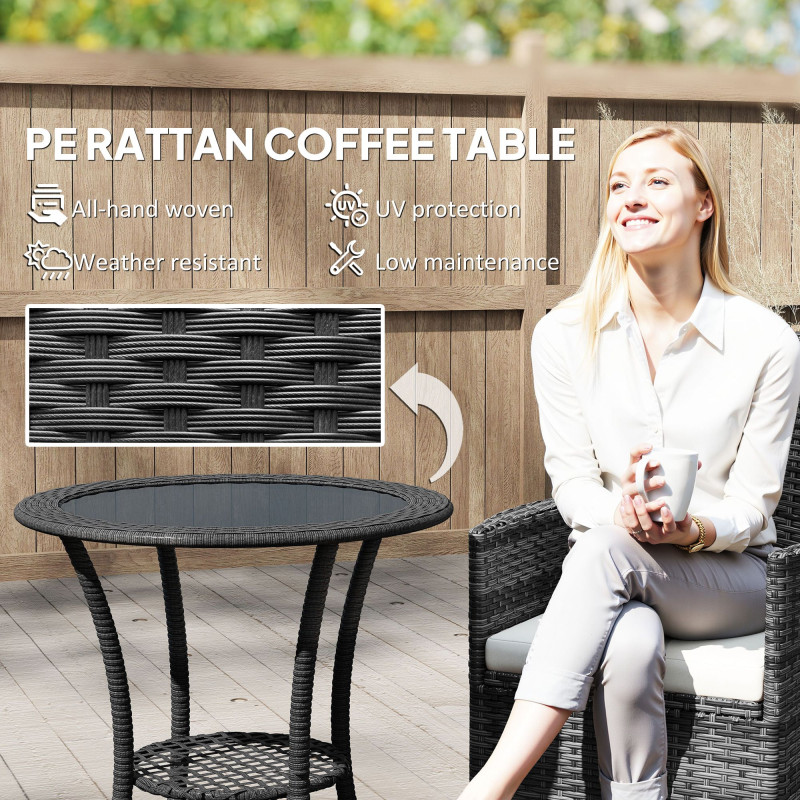 Outdoor Rattan Dining Table, Patio Wicker Round Coffee Table with 2-Tier Storage Shelf, Black