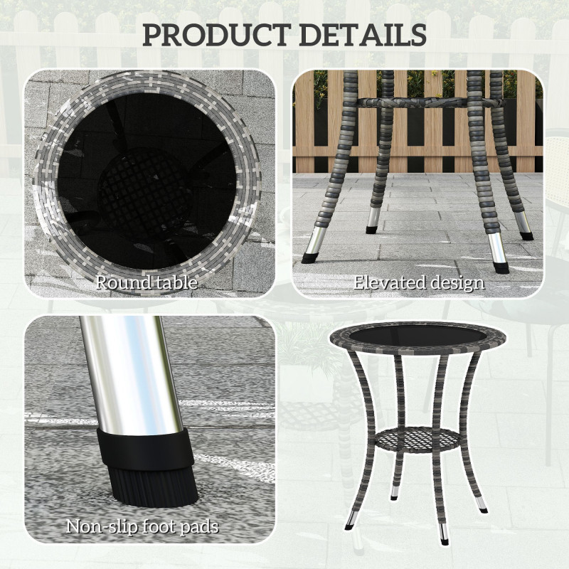 Outdoor Rattan Dining Table, Patio Wicker Round Coffee Table with 2-Tier Storage Shelf, Mixed Grey