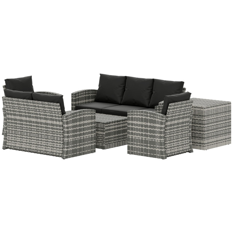 6 Pieces Wicker Patio Furniture Set with Cushions, 7-Seater Rattan Patio Sofa Set with Storage Coffee Table & Side Table, Sectional Outdoor Furniture Set, Black