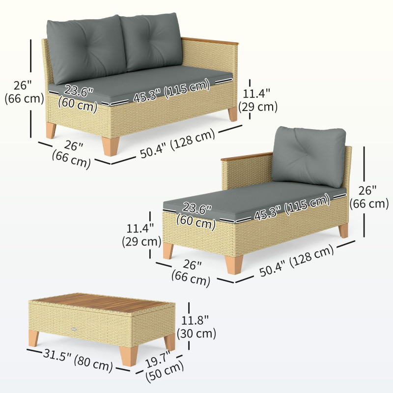 3 Piece Patio Furniture Set, L-Shaped Outdoor Furniture Conversation Set with Wood Top Coffee Table, Light Grey