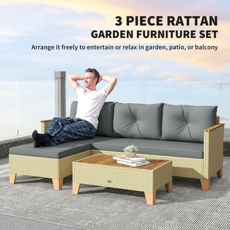 3 Piece Patio Furniture Set, L-Shaped Outdoor Furniture Conversation Set with Wood Top Coffee Table, Light Grey