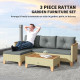 3 Piece Patio Furniture Set, L-Shaped Outdoor Furniture Conversation Set with Wood Top Coffee Table, Light Grey