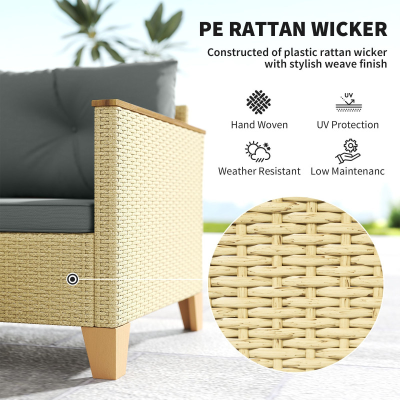 3 Piece Patio Furniture Set, L-Shaped Outdoor Furniture Conversation Set with Wood Top Coffee Table, Light Grey