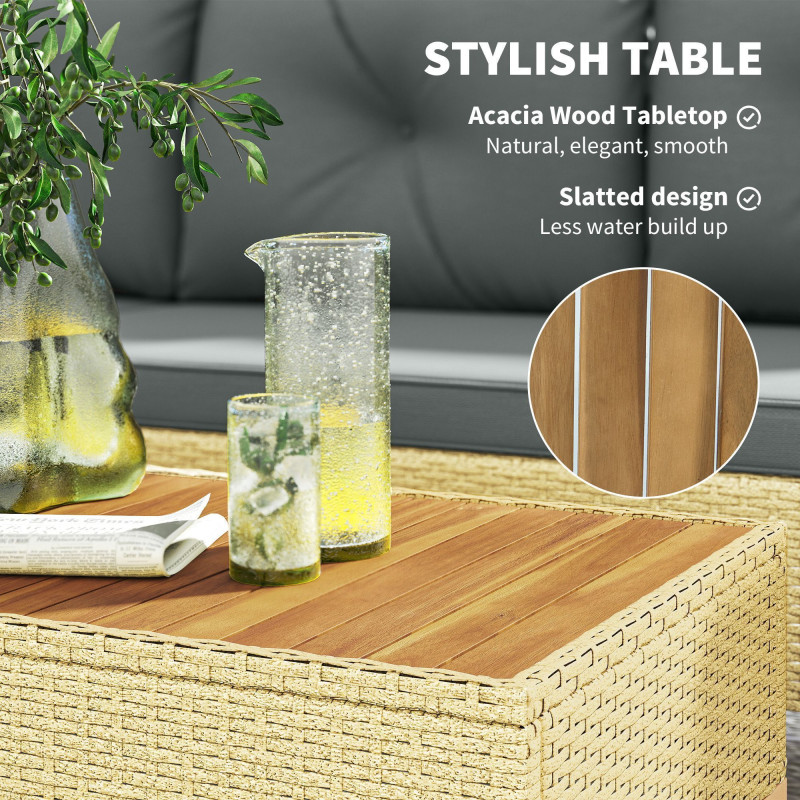 3 Piece Patio Furniture Set, L-Shaped Outdoor Furniture Conversation Set with Wood Top Coffee Table, Light Grey