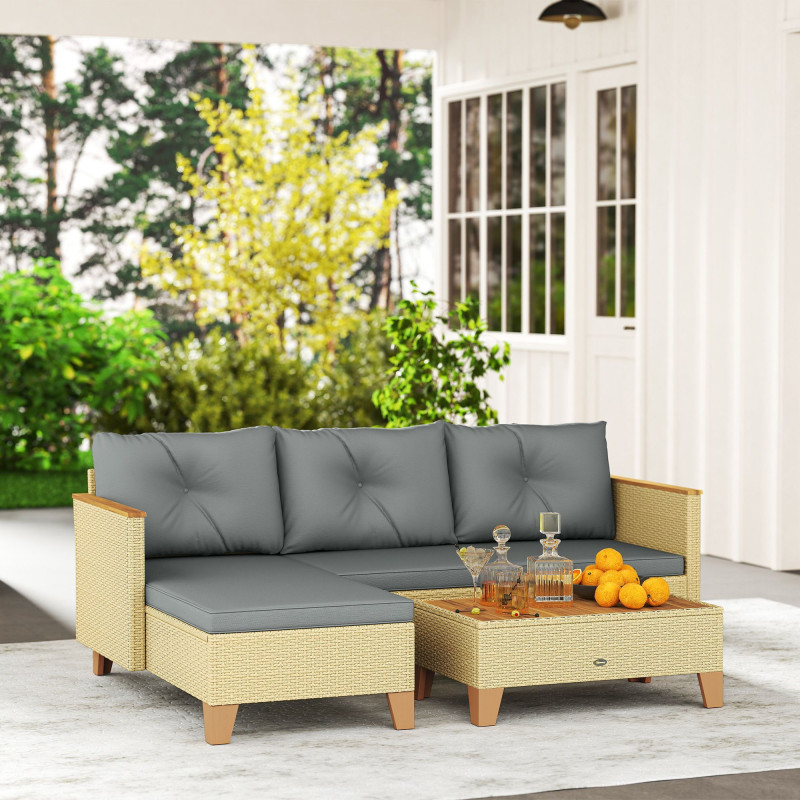 3 Piece Patio Furniture Set, L-Shaped Outdoor Furniture Conversation Set with Wood Top Coffee Table, Light Grey