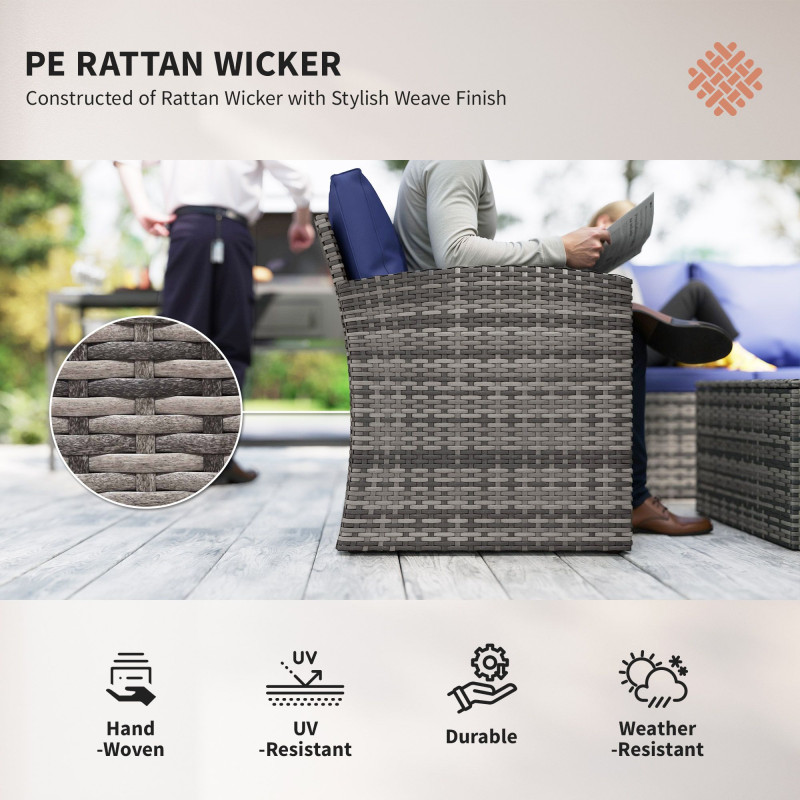 6 Pieces Wicker Patio Furniture Set with Cushions, 7-Seater Rattan Patio Sofa Set with Storage Table, Navy Blue