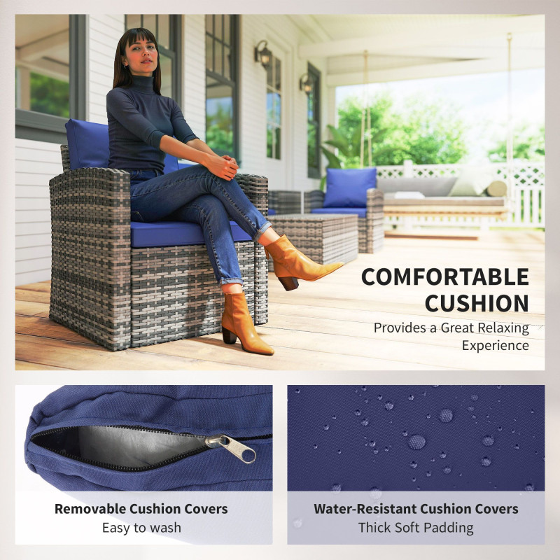 6 Pieces Wicker Patio Furniture Set with Cushions, 7-Seater Rattan Patio Sofa Set with Storage Table, Navy Blue