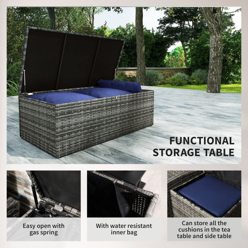 6 Pieces Wicker Patio Furniture Set with Cushions, 7-Seater Rattan Patio Sofa Set with Storage Table, Navy Blue