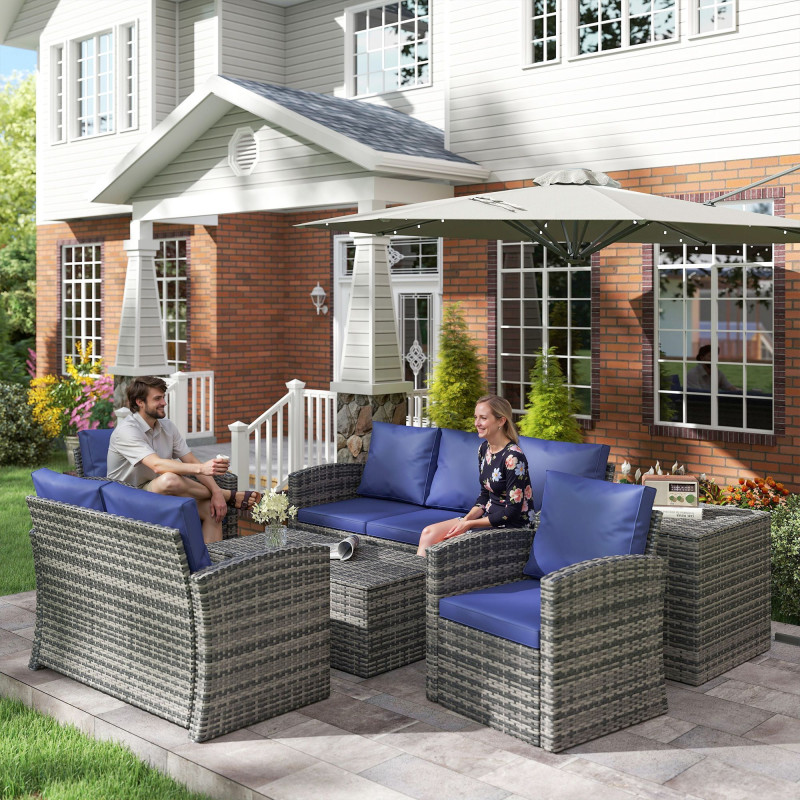 6 Pieces Wicker Patio Furniture Set with Cushions, 7-Seater Rattan Patio Sofa Set with Storage Table, Navy Blue