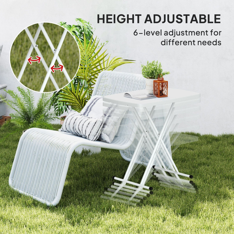 Portable Patio Side Table, Height Adjustable Outdoor Side Table, Folding Balcony Table with HDPE Top and Metal Frame for Balcony Poolside Deck, White