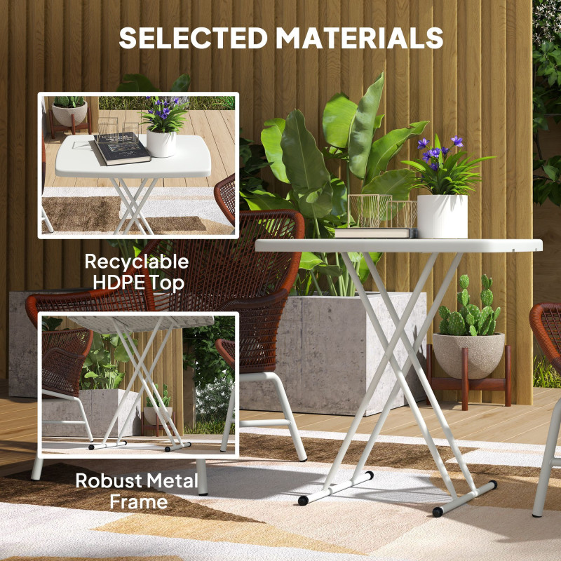 Portable Patio Side Table, Height Adjustable Outdoor Side Table, Folding Balcony Table with HDPE Top and Metal Frame for Balcony Poolside Deck, White