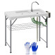 Folding Fish Cleaning Table with Sinks, Camping Sink with Faucet Drainage Hose Sprayer Shelf Drawer Storage Basket, Outdoor Sink Station for Beach Patio Picnic, White