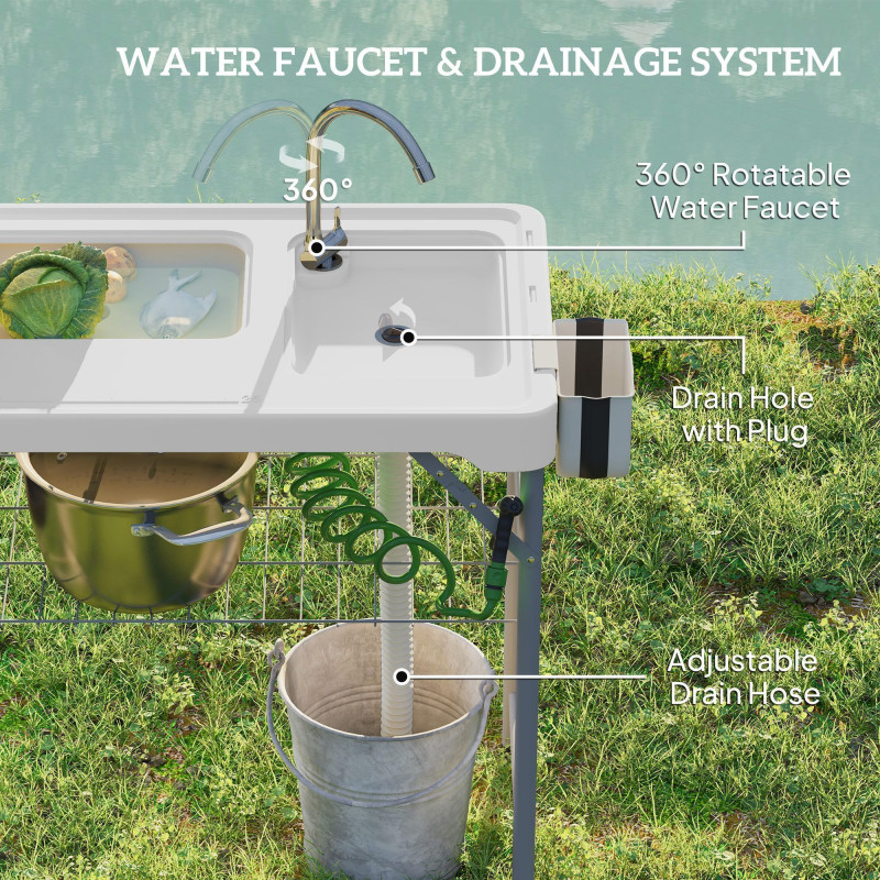 Folding Fish Cleaning Table with Sinks, Camping Sink with Faucet Drainage Hose Sprayer Shelf Drawer Storage Basket, Outdoor Sink Station for Beach Patio Picnic, White