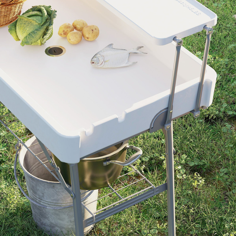 3.5ft Folding Ice Cooler Table with Drain, 2-Tier Outdoor Patio Party Cooler, Fishing Cleaning Table with Storage Shelf for Picnic BBQ Camping Wedding, White