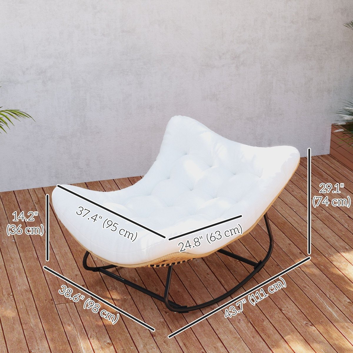 Oversized Rattan Patio Egg Chair, Outdoor Rocking Chair with Padded Cushion for Indoor, Porch, Cream White