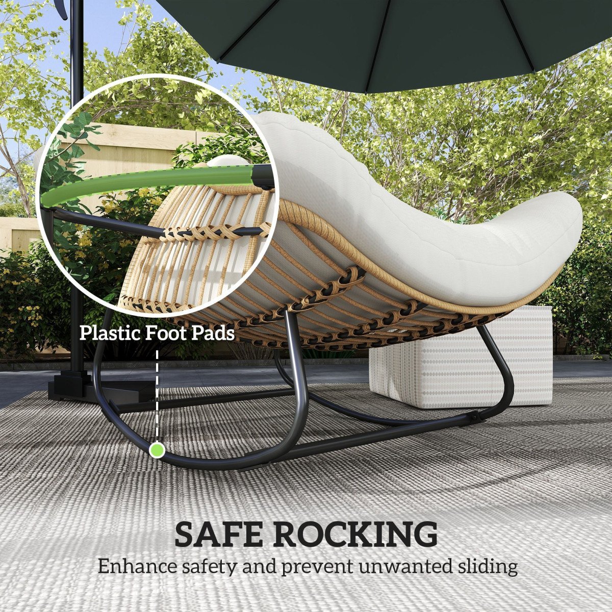 Oversized Rattan Patio Egg Chair, Outdoor Rocking Chair with Padded Cushion for Indoor, Porch, Cream White