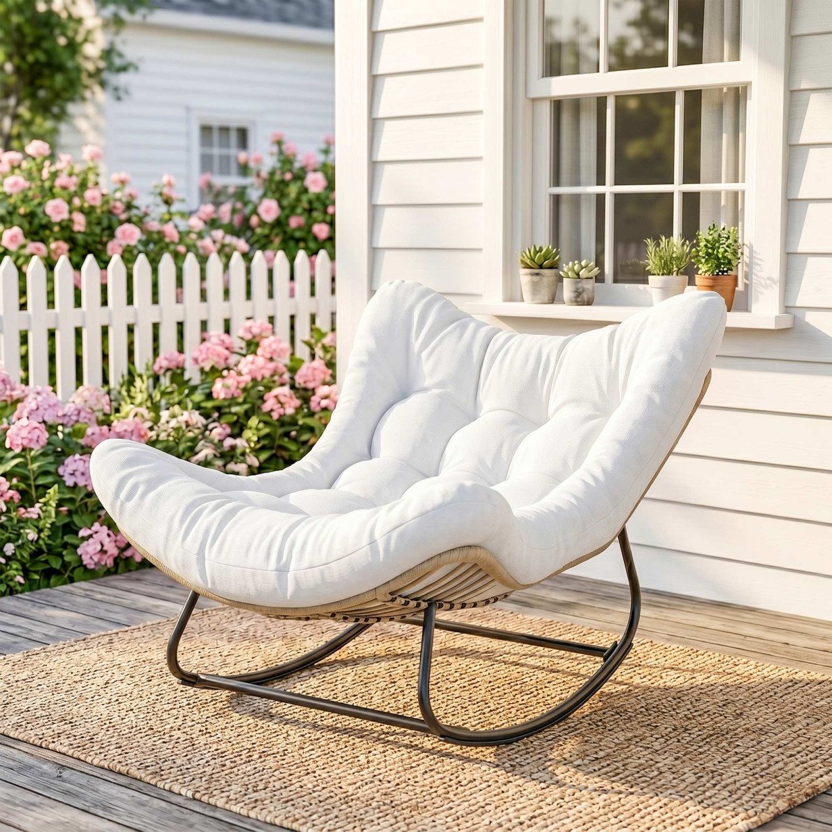 Oversized Rattan Patio Egg Chair, Outdoor Rocking Chair with Padded Cushion for Indoor, Porch, Cream White