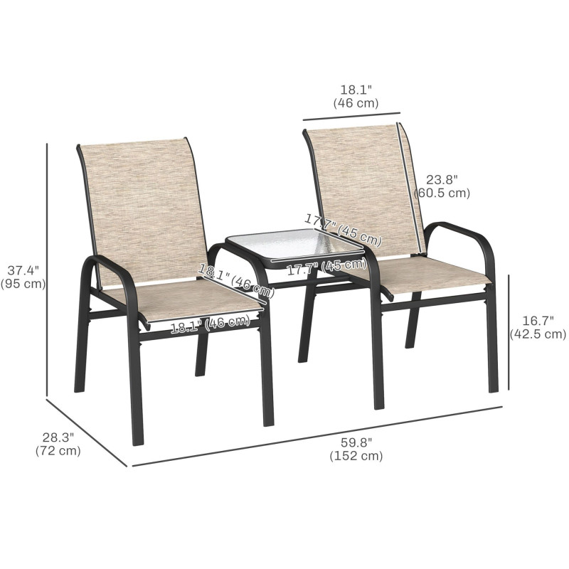Outdoor Loveseat with Glass Table, Garden Patio Bench with Breathable Mesh Seat, High Back, Armrests, Brown