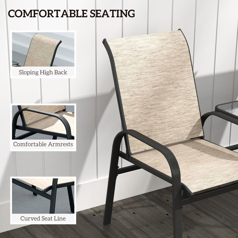Outdoor Loveseat with Glass Table, Garden Patio Bench with Breathable Mesh Seat, High Back, Armrests, Brown