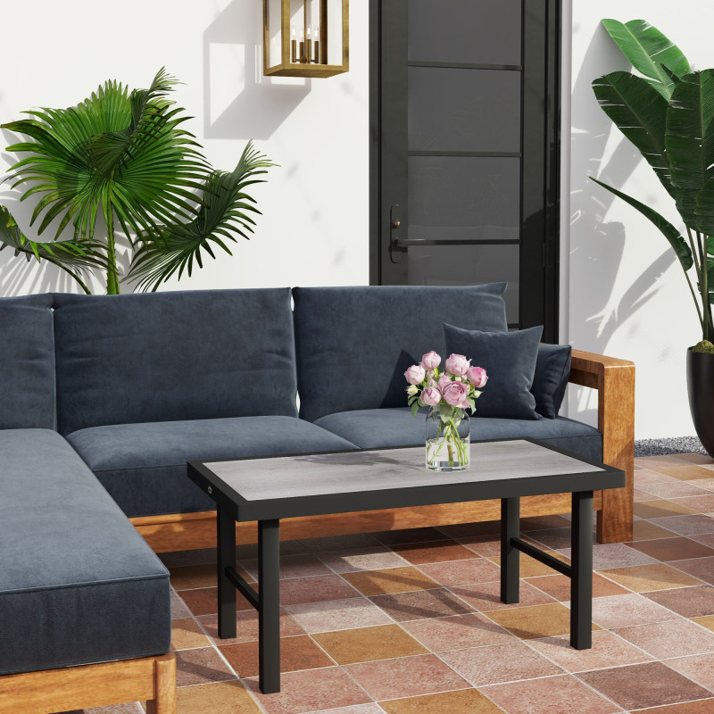Outdoor Side Table with SPC Woodgrain Tabletop, Metal Patio Coffee Table for Outside Garden, Distressed Grey