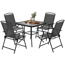 5 Pieces Outdoor Patio Dining Set with Glass Top Table and 4 Mesh Folding Chairs, Small Outdoor Patio Furniture, Grey
