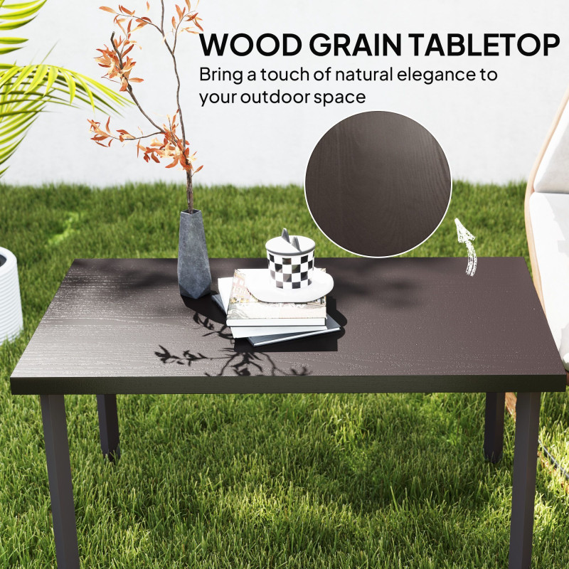 Metal Outdoor Side Table, Rectangle Patio Coffee Table with Woodgrain Tabletop for Outside Garden, Brown