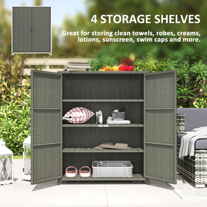 Wicker Outdoor Storage Cabinet, Pool Storage Organizer with 4 Shelves and 2 Doors for Garden, Backyard, Dark Grey