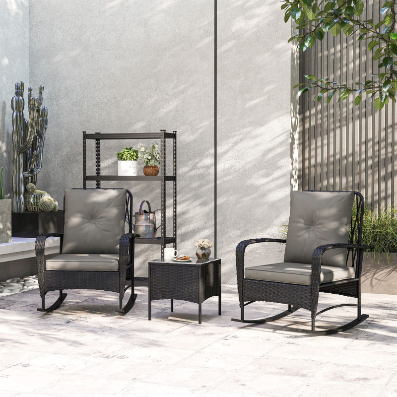 3 Pieces Rattan Bistro Set, Wicker Patio Furniture with Rocking Chairs, Thick Cushions for Porch Balcony, Grey