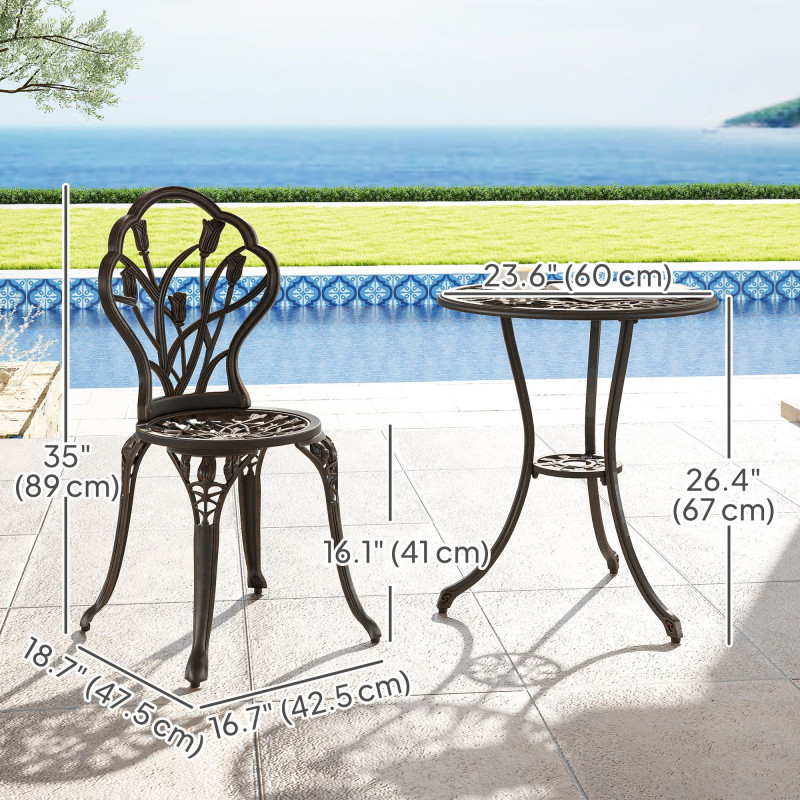 3PCs Patio Bistro Set, Outdoor Cast Aluminum Garden Table and Chairs with Umbrella Hole for Balcony, Bronze
