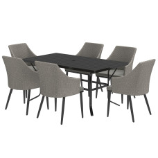 7 Piece Wicker Patio Furniture Set with Cushions, Umbrella Hole, Slatted Table Top, for Backyard, Porch, Garden, Balcony