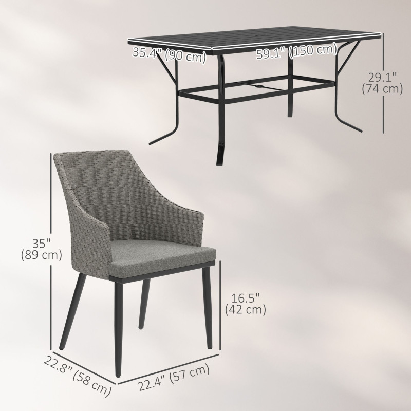 7 Piece Wicker Patio Furniture Set with Cushions, Umbrella Hole, Slatted Table Top, for Backyard, Porch, Garden, Balcony