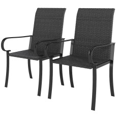 2 Piece PE Rattan Patio Dining Chairs with Steel Frame,  for Garden, Backyard, Pool Side, Porch, Black