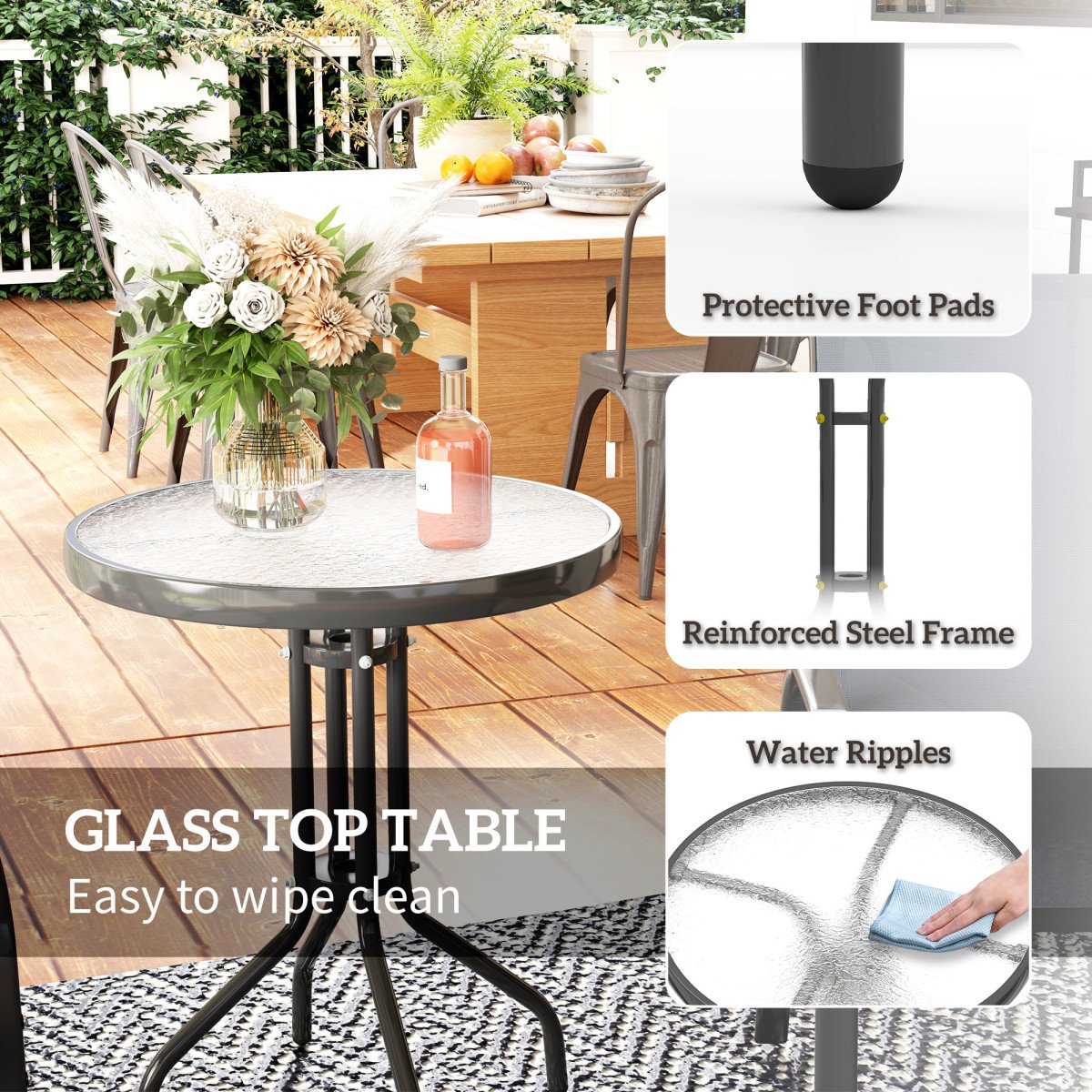 3 Pieces Bistro Set, Small Patio Furniture Set with Stackable Mesh Chairs, Glass Table for Garden, Balcony, Dark Grey