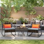 3 Pieces Rocking Bistro Set, Wicker Patio Furniture Set with Cushions and Glass Table for Porch, Balcony, Grey