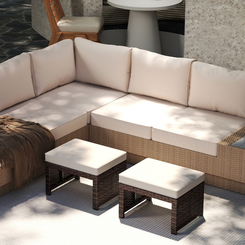 2 Pieces Wicker Outdoor Ottomans with Removable Cushions, Rattan Outdoor Seating, Footrest and Side Table, Khaki
