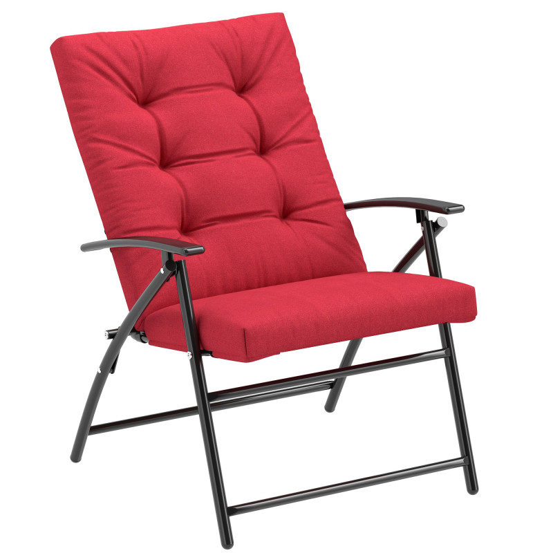 Foldable Lounge Chair, Fabric Upholstered Recliner, Outdoor Lounger with Armrest, Metal Frame for Backyard, Red