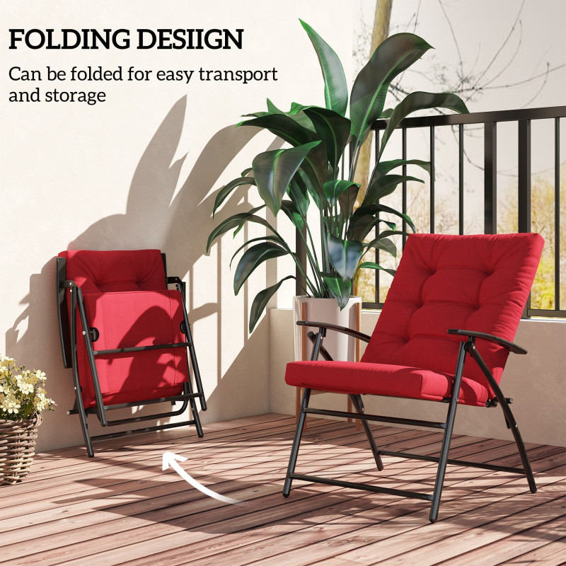 Foldable Lounge Chair, Fabric Upholstered Recliner, Outdoor Lounger with Armrest, Metal Frame for Backyard, Red